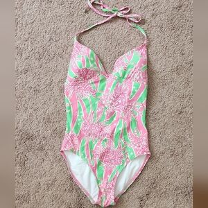 lilly pulitzer one piece halter swimsuit pink green beach resort pool preppy 2